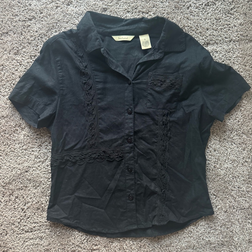 Vintage Bechamel Linen Blend Black Tailored Blouse Size S